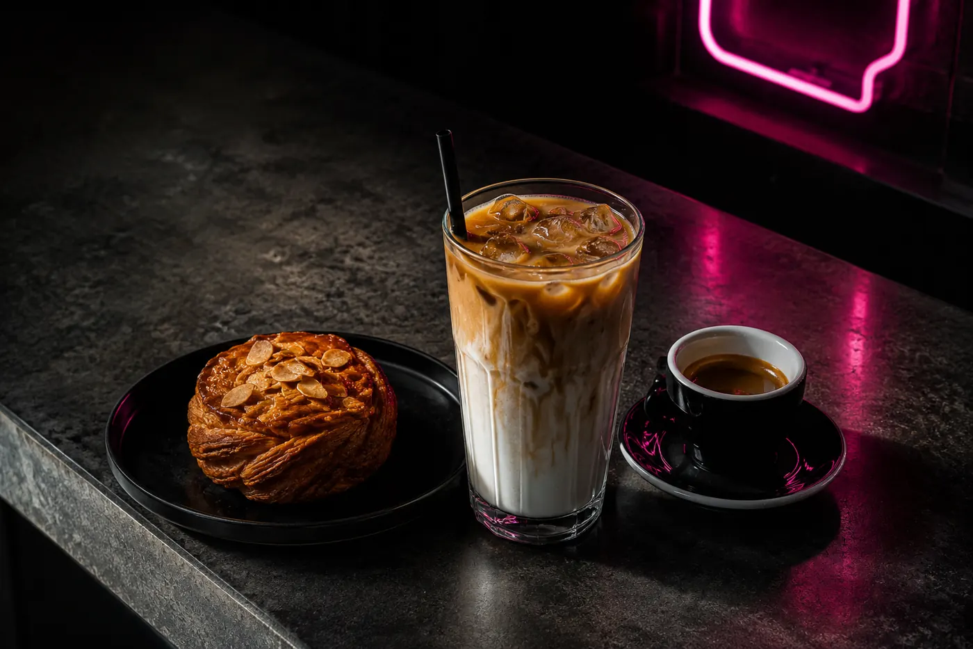 Kopi ais dan pastri badam di atas kaunter Pixel Cafe