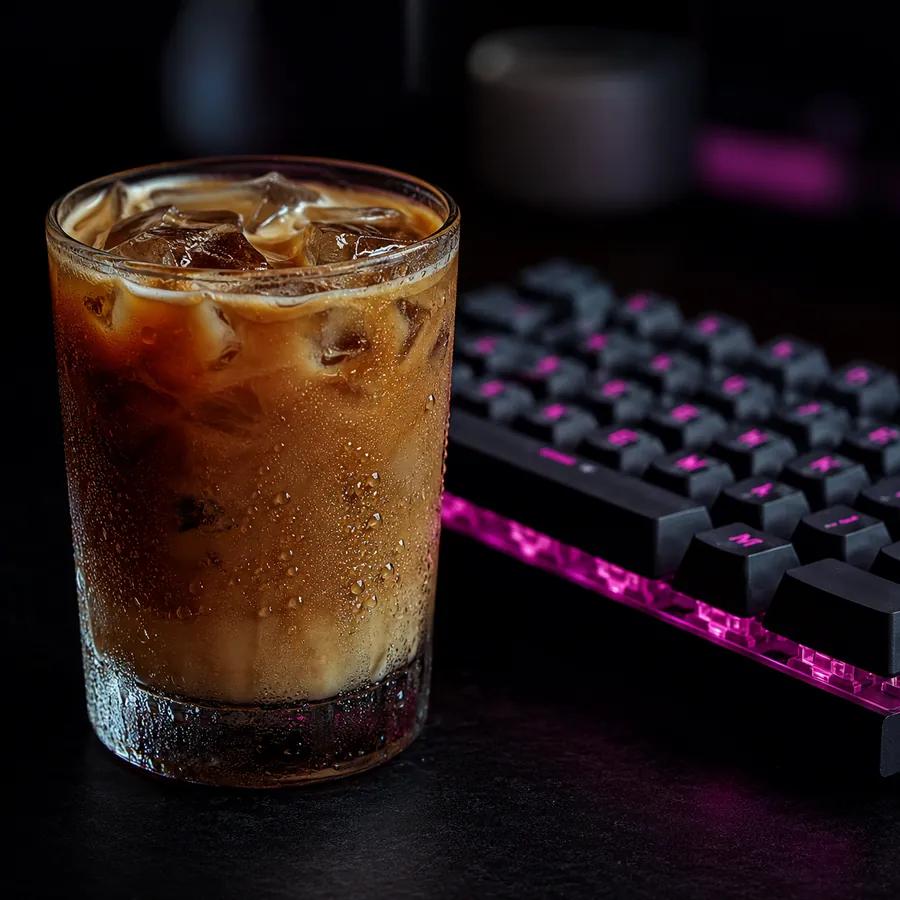 Close-up kopi ais bersebelahan papan kekunci gaming bercahaya