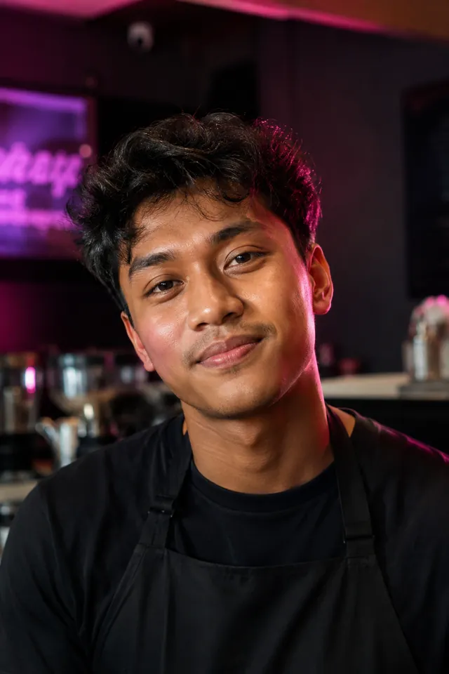 Amirul Hakim, kepala barista dan pengasas bersama Pixel Cafe, tersenyum di kaunter