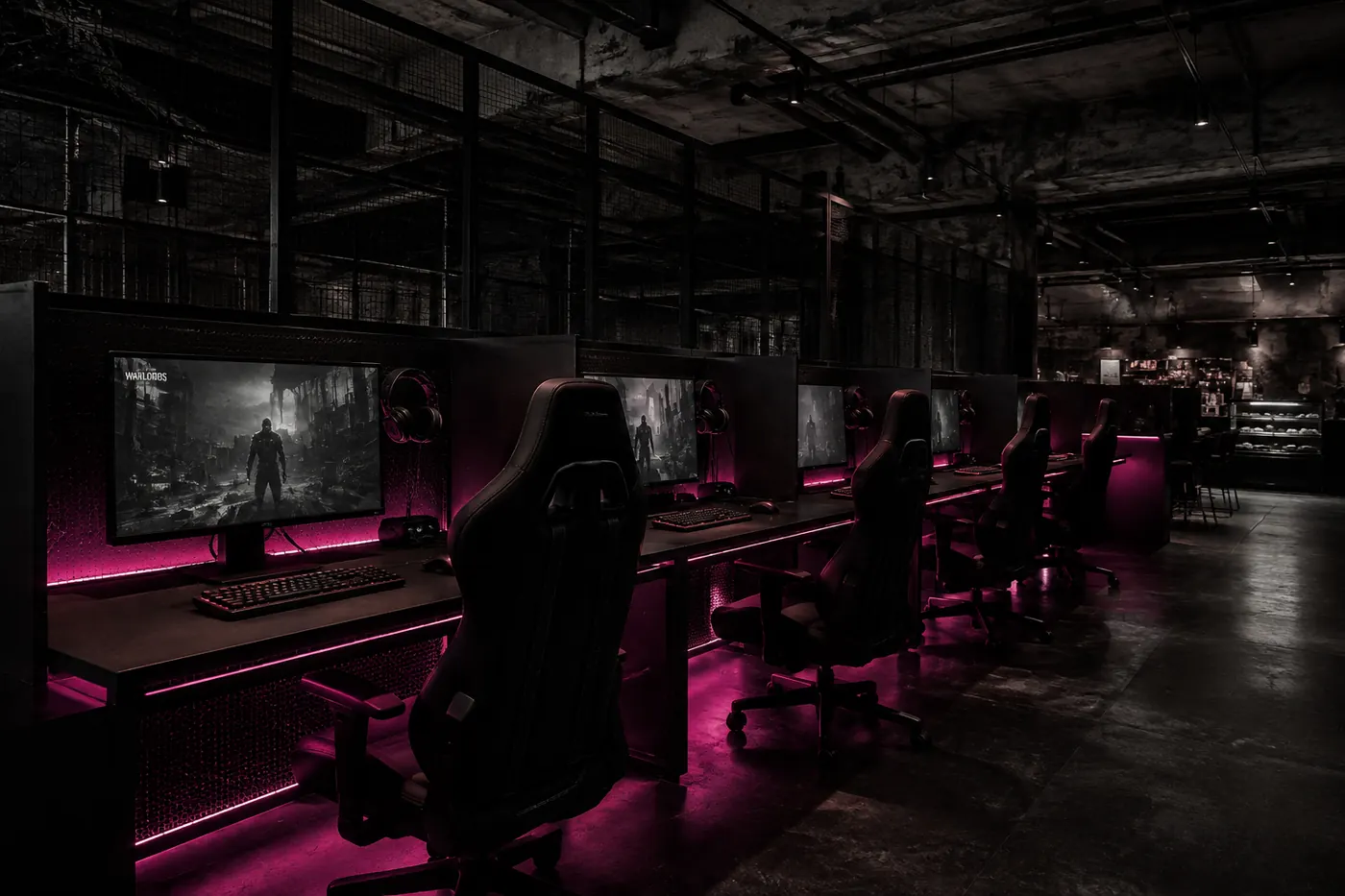 Barisan stesen gaming dengan kerusi racing dan monitor 165Hz